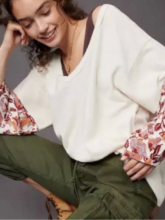 Anthropologie Tops - By Anthropologie Oversized Waffle Knit Top Floral Paisley Boho V-Neck Sz S